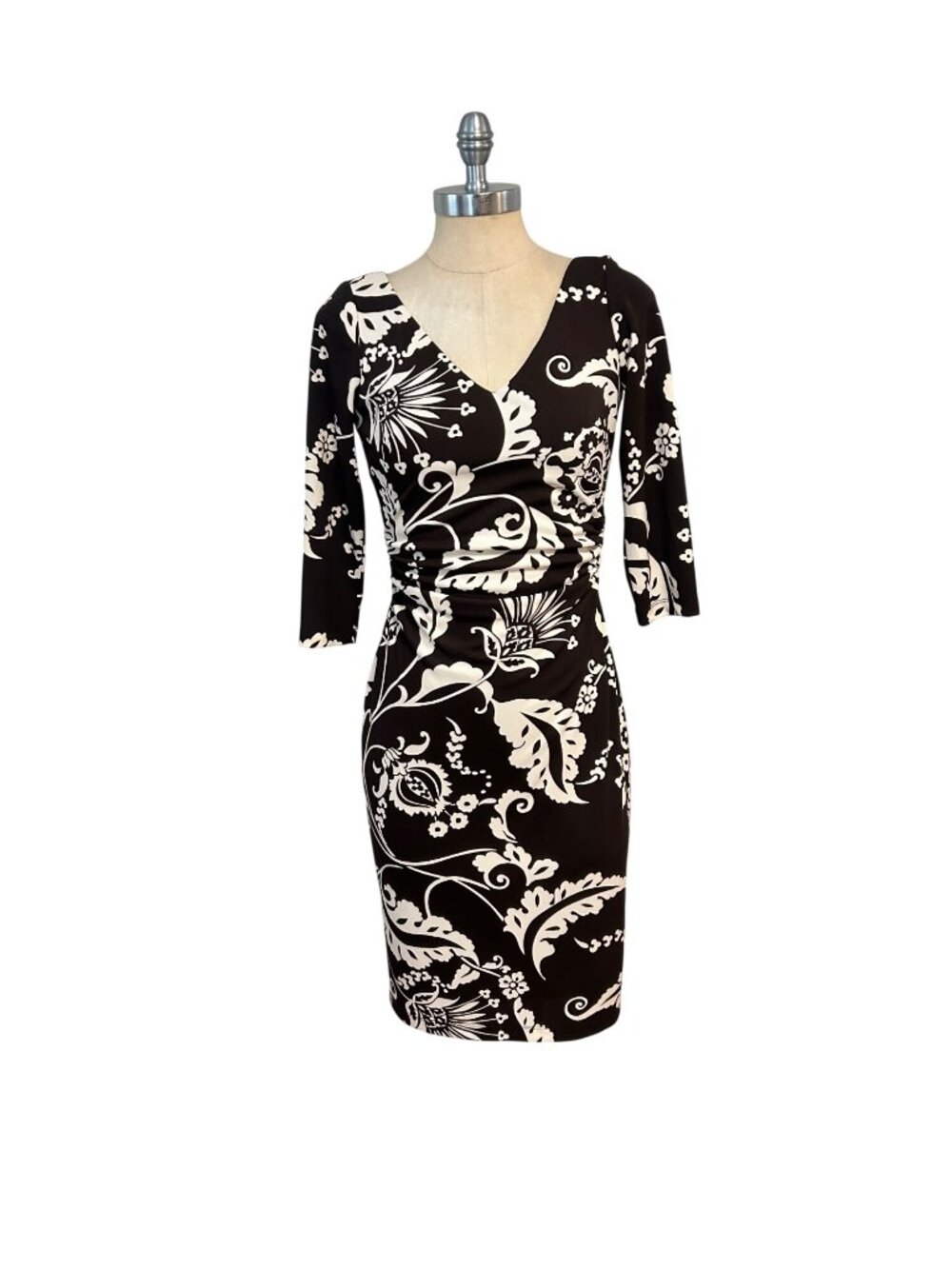 DAVID MEISTER Brown Floral Dress 3/4 Sleeve Lined Stretch V-Neck size 2